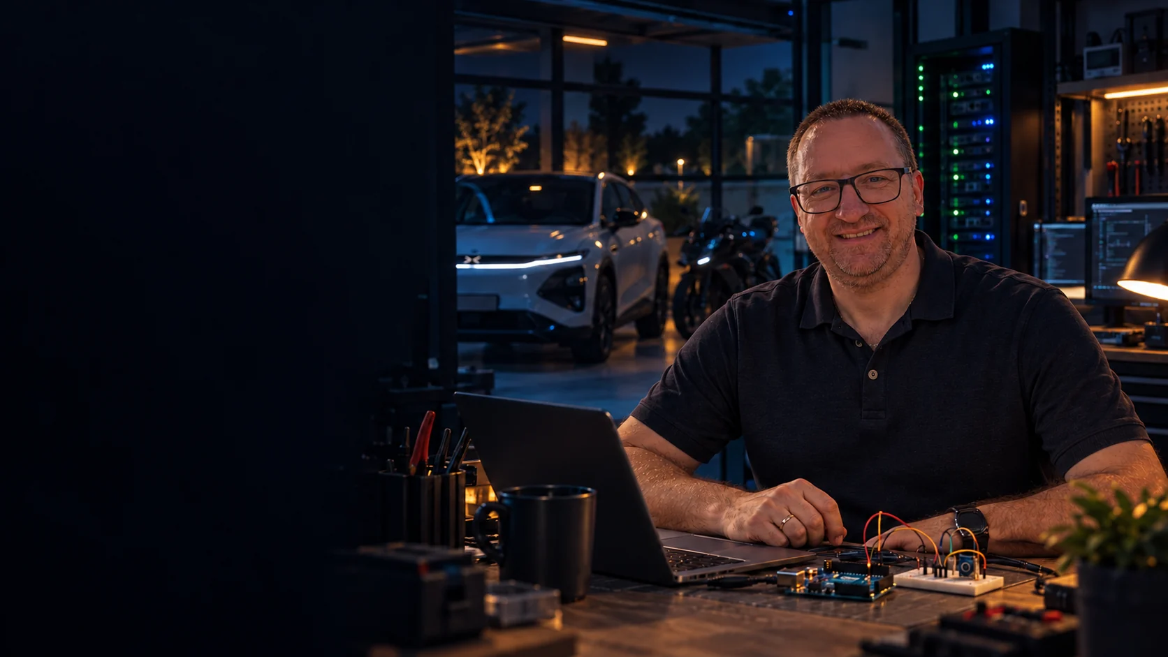AI interpretation of Martin at a computer with an electronics project